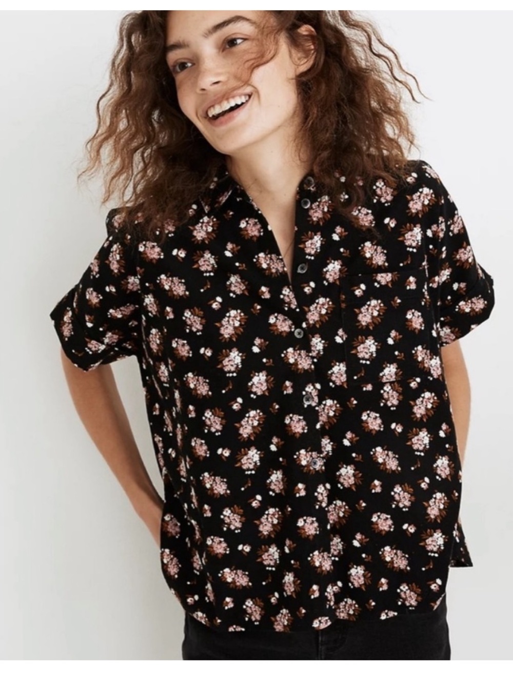Madewell Textured Black Floral Short-Sleeve Button Shirt